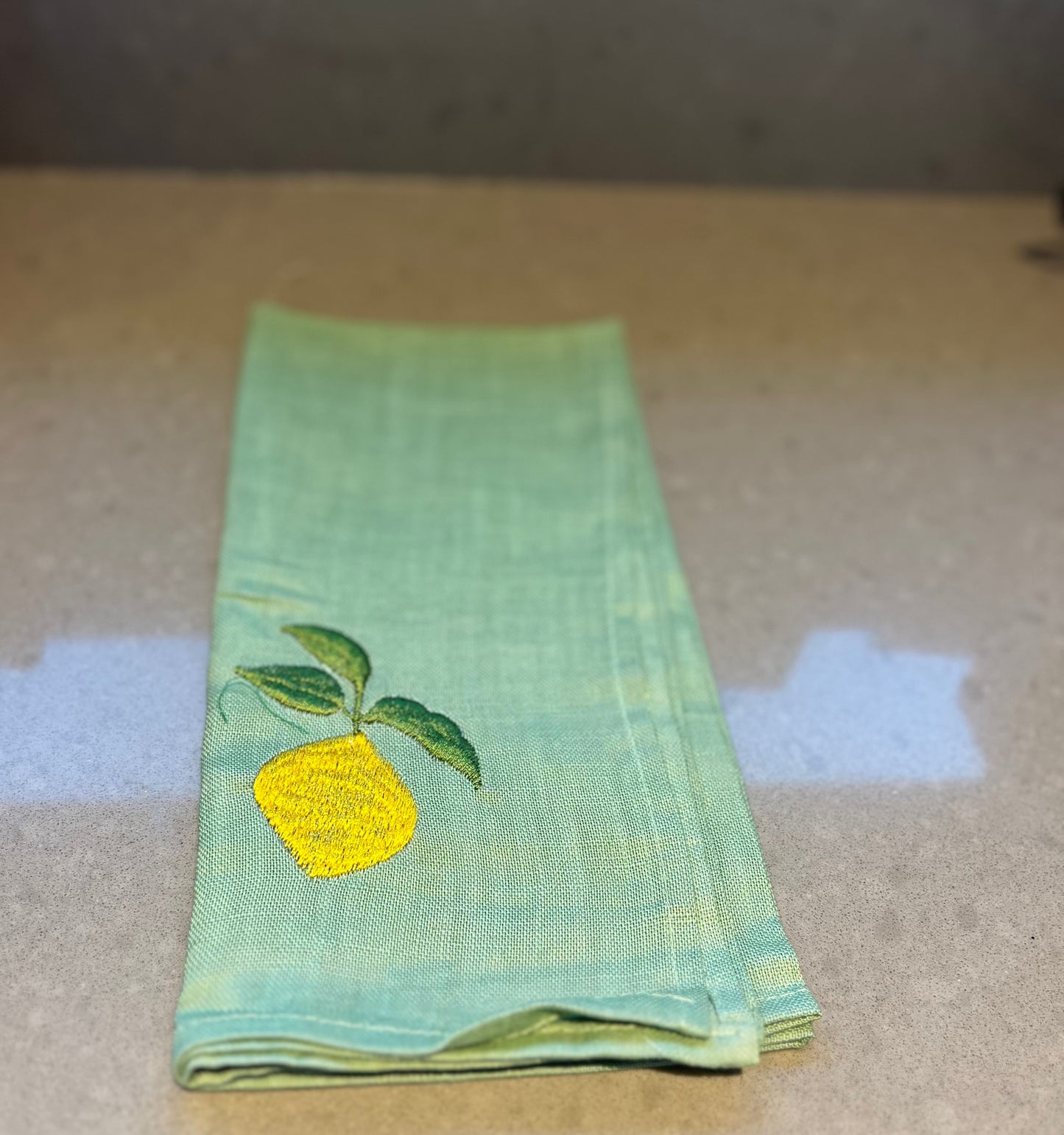 Embroidered Green Napkin with Lemon